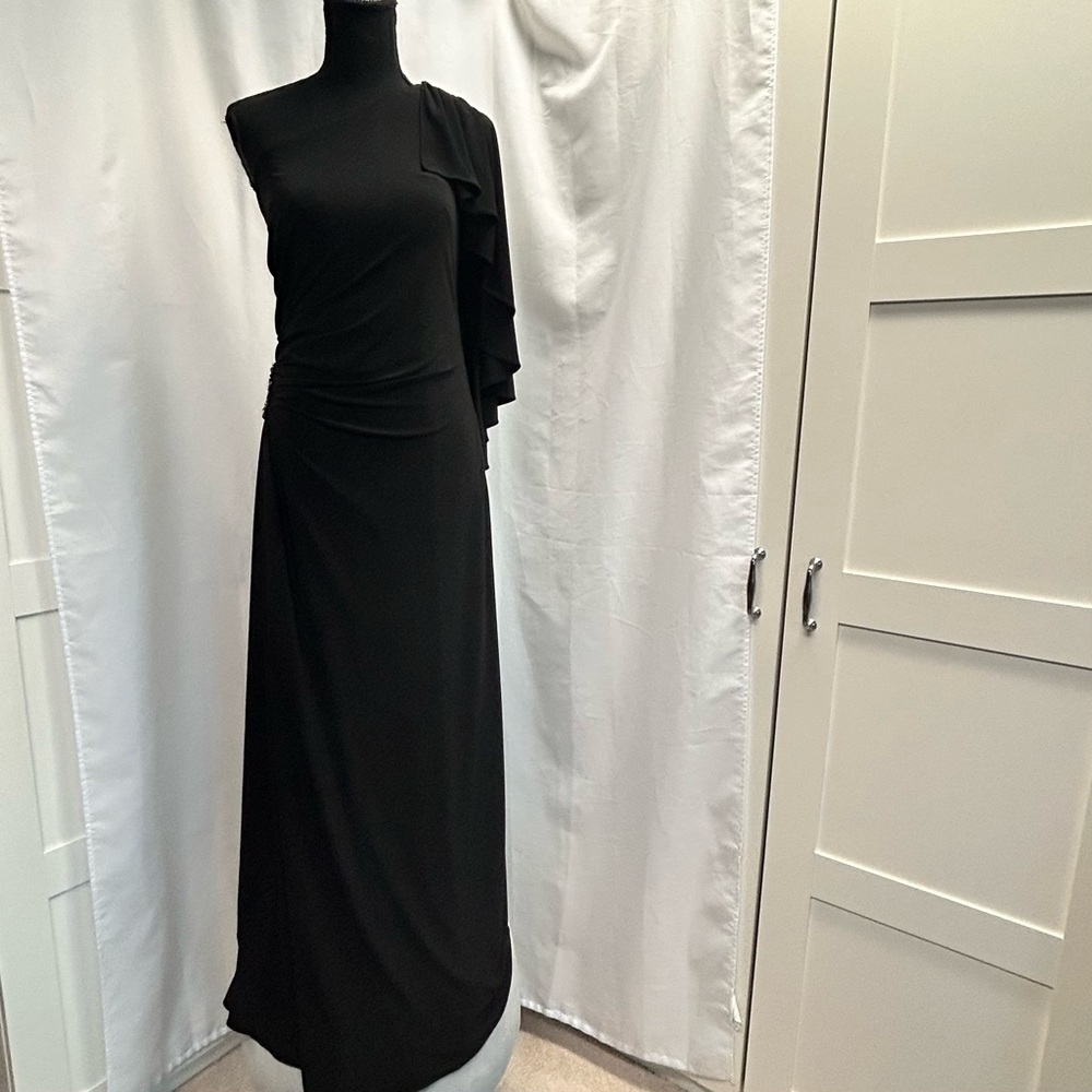 Cache black one shoulder draped sleeve beaded rhinestone ruched maxi gown dress
